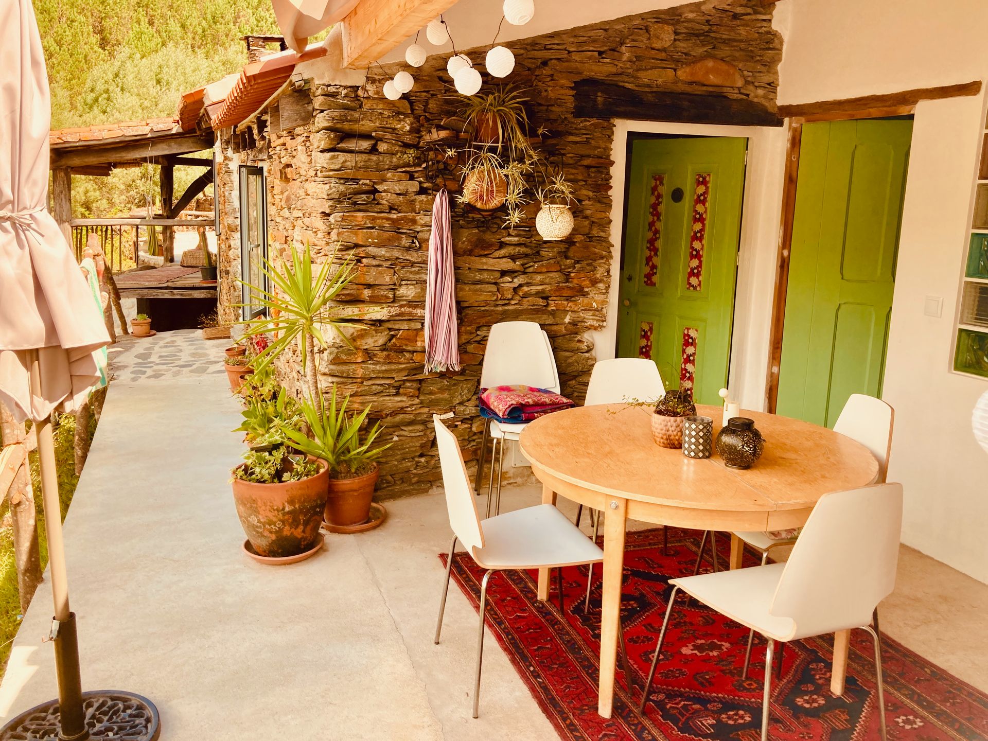 The terrace entrance, two green doors side by side